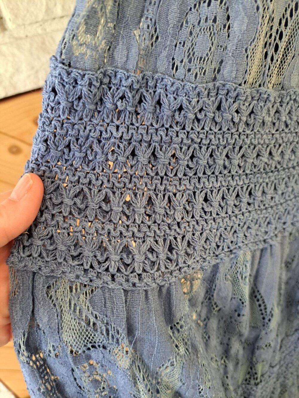 Boho Lace Maxi Skirt Blue Crochet Elastic Waist Tassel Tie Flowy Womens L Gypsy - Picture 4 of 12